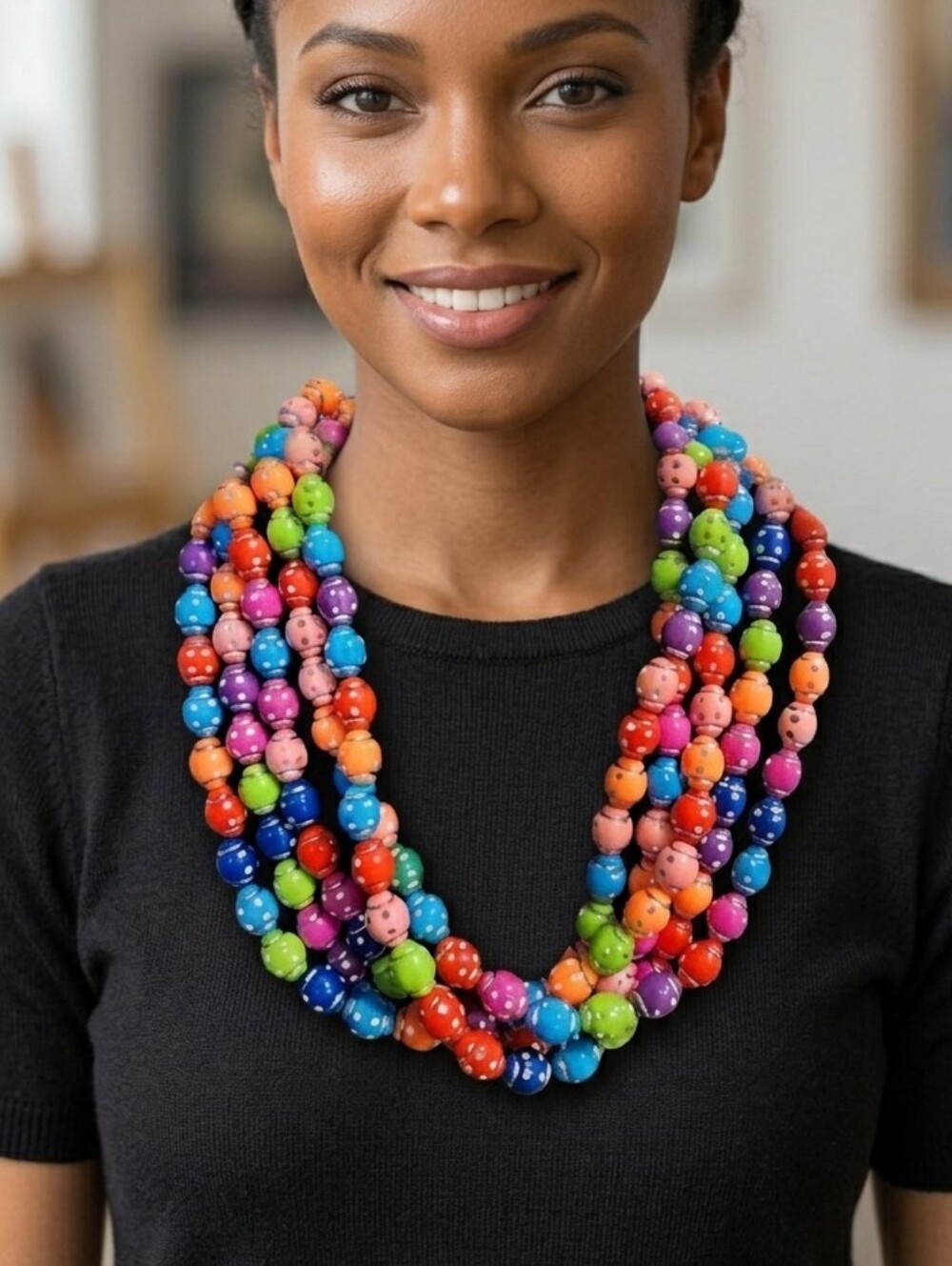 Vibrant Multi-Strand Rainbow Beaded Necklace Polka Dot Barrel Beads Boho